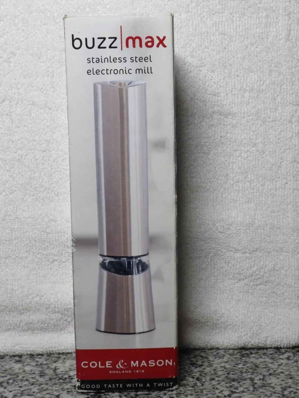 NEW IN BOX Cole & Mason Stainless Steel Electronic Mill for Pepper/Salt//TESTED